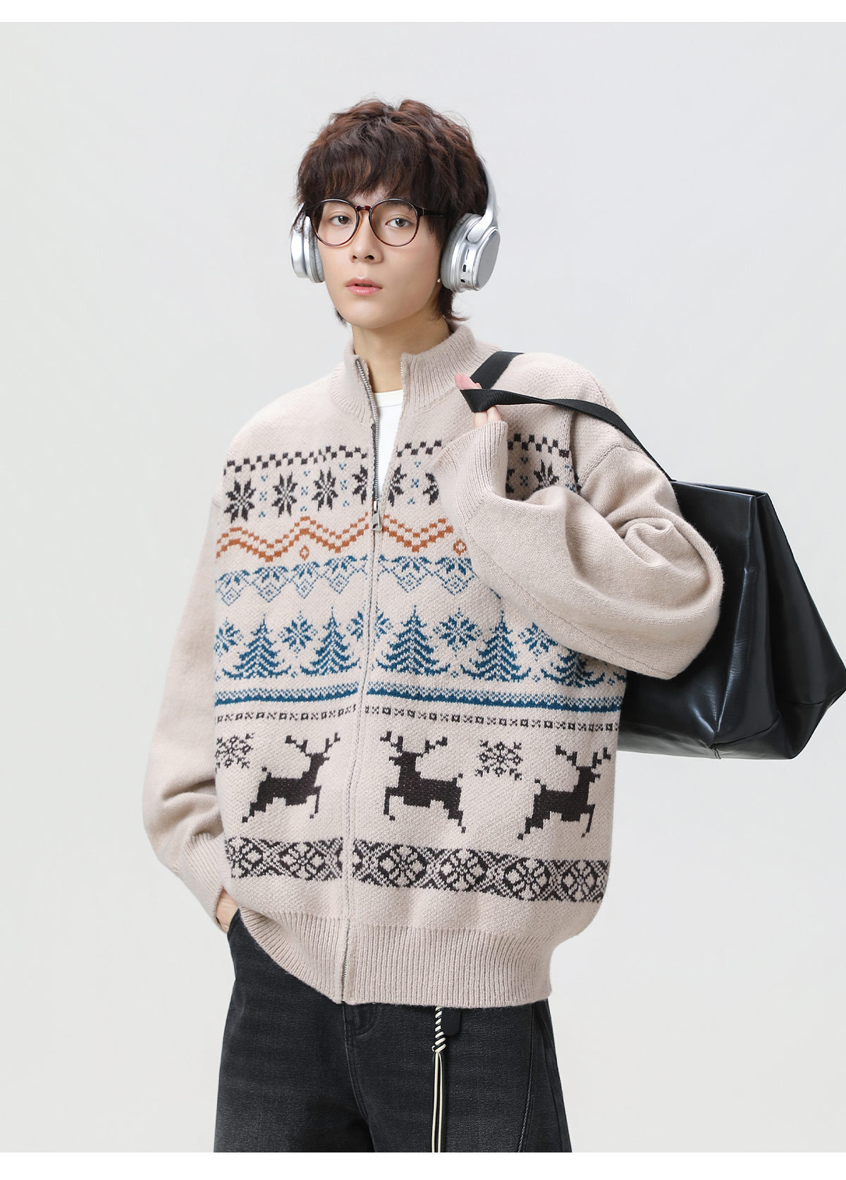 メンズ カーディガン  秋冬ジャカード編みフェアアイル柄カーディガン