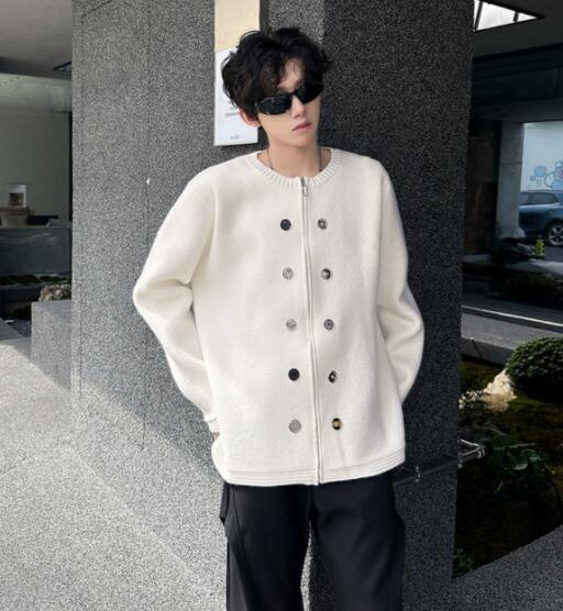 メンズ カーディガン  メンズ ニット カーディガン 襟なし ボタン付き 秋冬