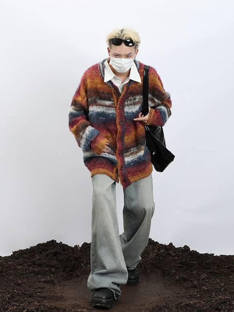 メンズ カーディガン  メンズ マルチボーダー ニットカーディガン