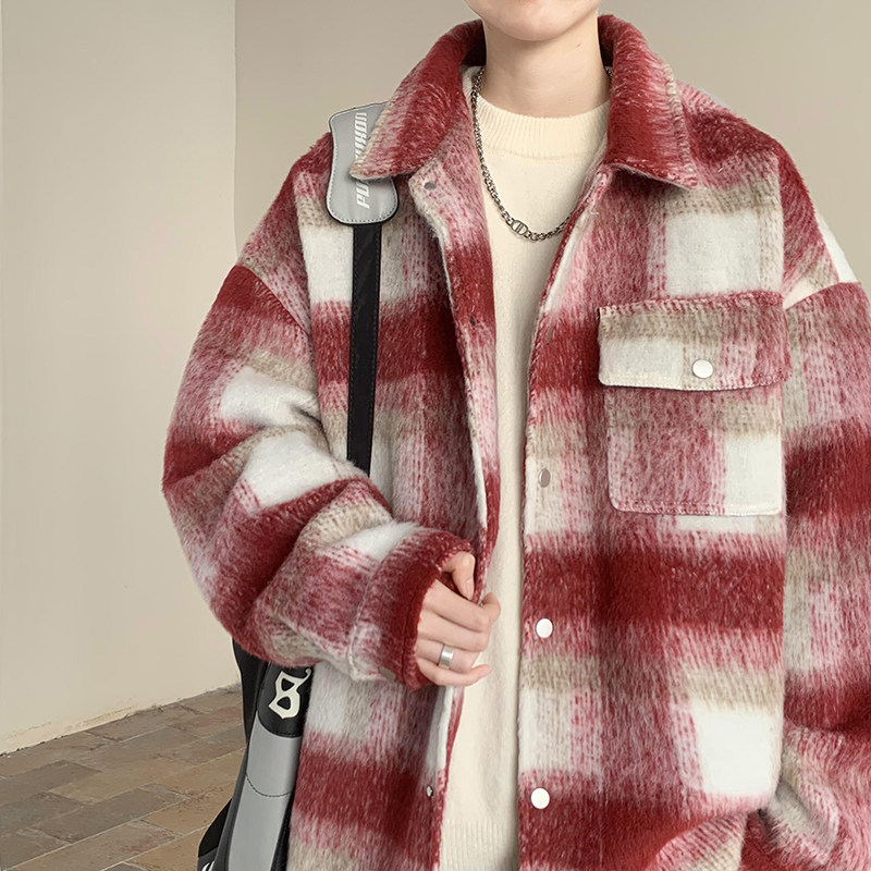 メンズ カーディガン  チェック柄ボア素材襟付きシャツ