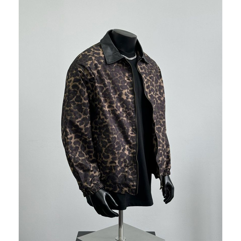 メンズ カーディガン  レオパード柄ジップアップ襟付きブルゾン