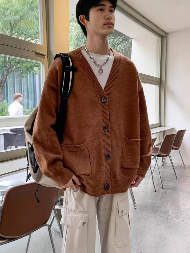 メンズ カーディガン  深型ブイネックゆったりボタン留めニットカーディガン