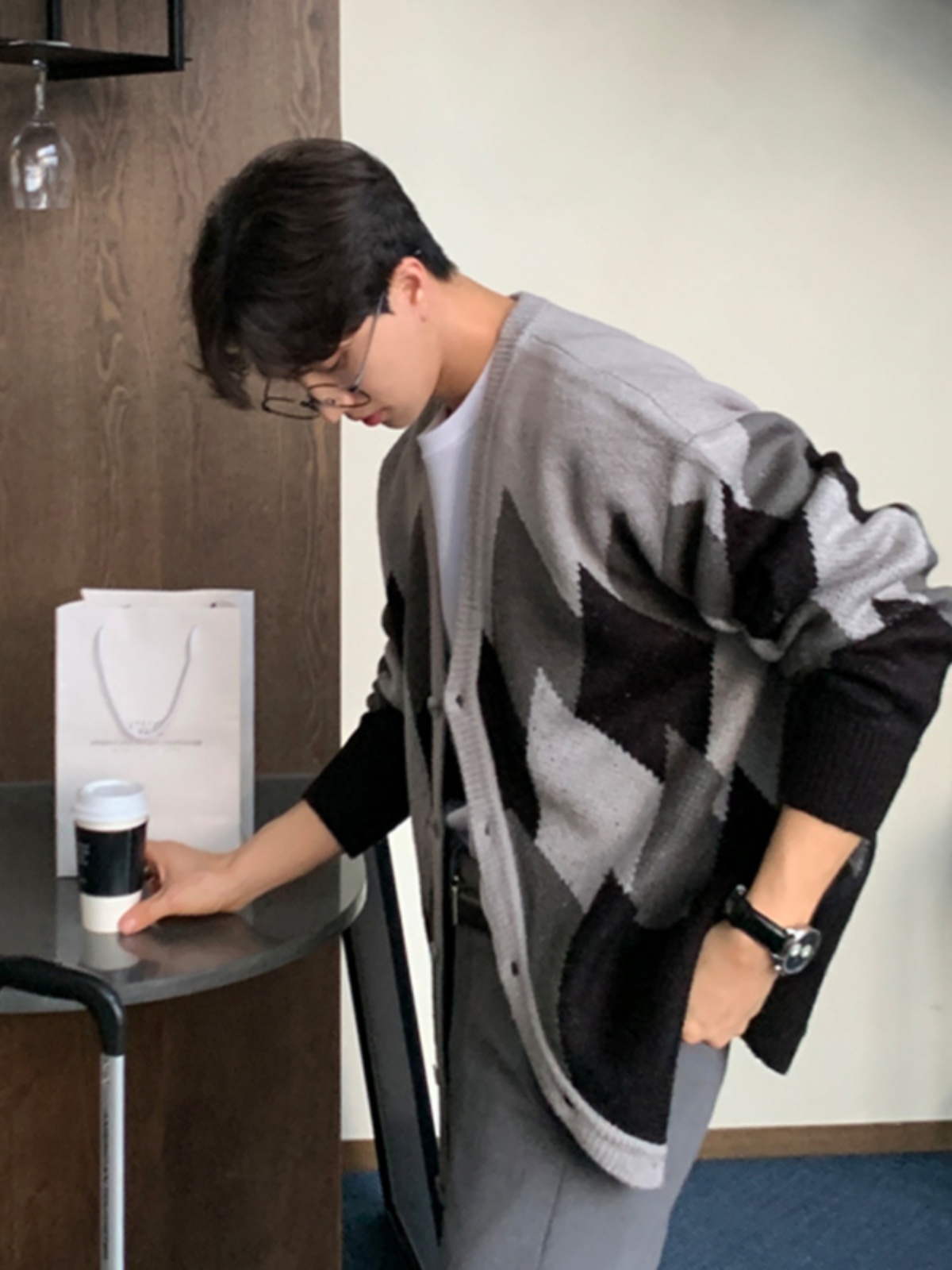 カーディガン メンズ 幾何学模様ロングカーディガン