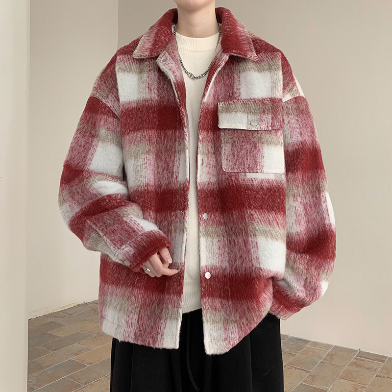 メンズ カーディガン  チェック柄ボア素材襟付きシャツ