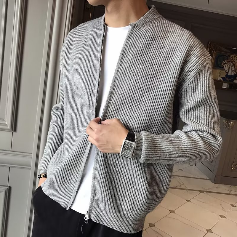 カーディガン メンズ 上質リブ編みジップロングカーディガン