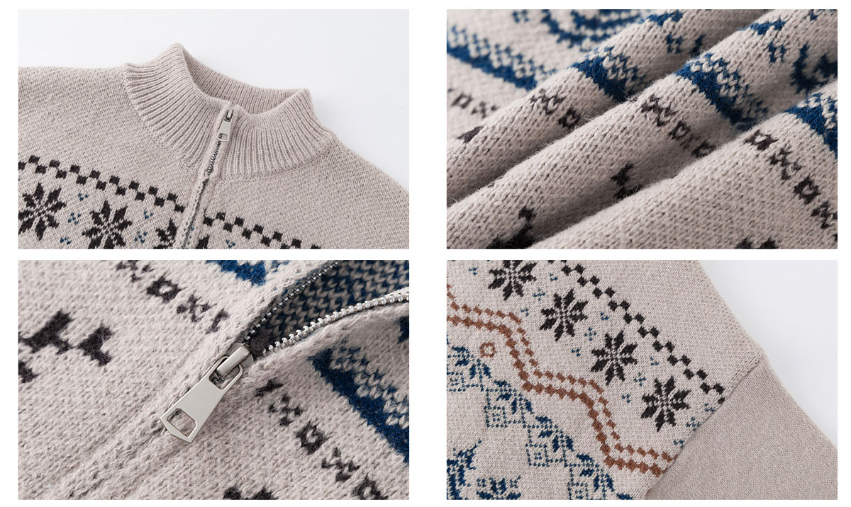 メンズ カーディガン  秋冬ジャカード編みフェアアイル柄カーディガン