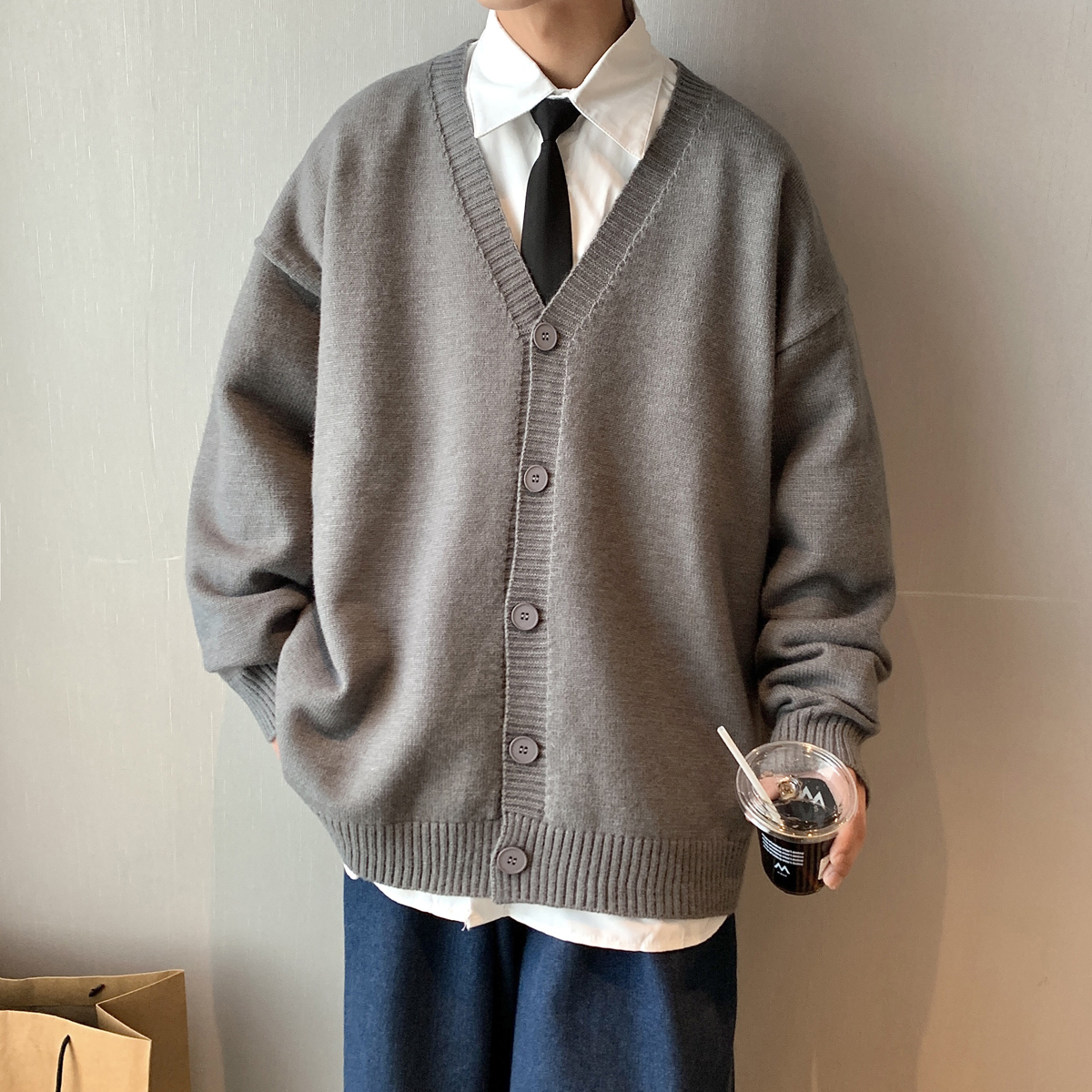 カーディガン メンズ シンプル深Vネックカーディガン