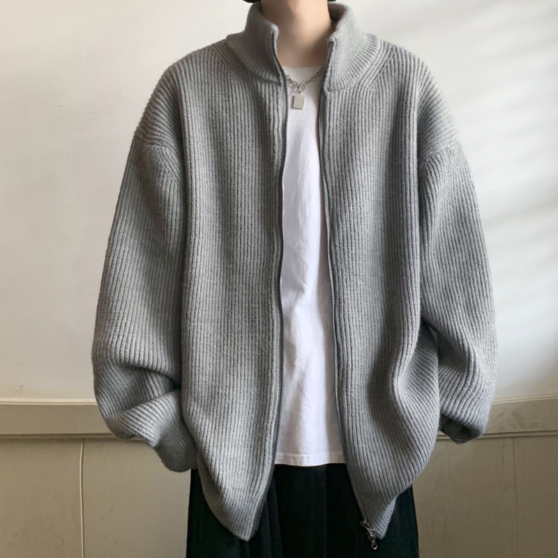 カーディガン メンズ リブ編みジップアップロングカーディガン