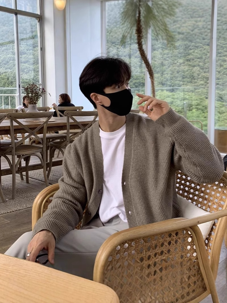 メンズ カーディガン  ゆったりシルエット ボタン留め リブ編みニットカーディガン