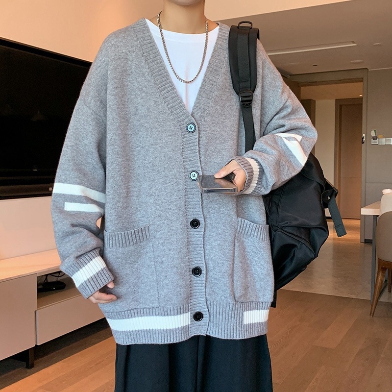 メンズ カーディガン  袖ライン入りゆったりブイネックニットカーディガン