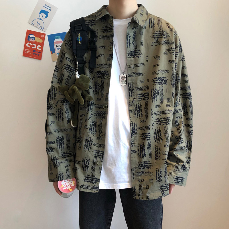 メンズ カーディガン  レトロ柄プリント襟付き長袖