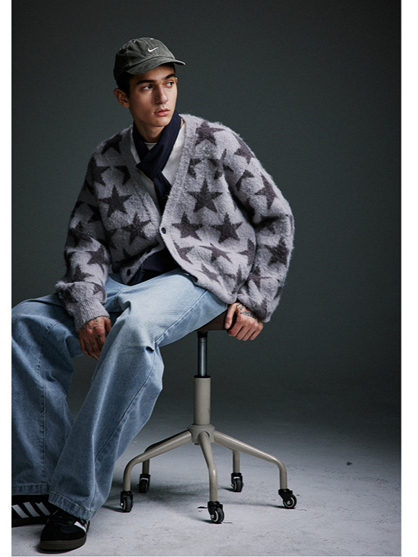 メンズ カーディガン  星柄ニットカーディガン メンズ 秋冬