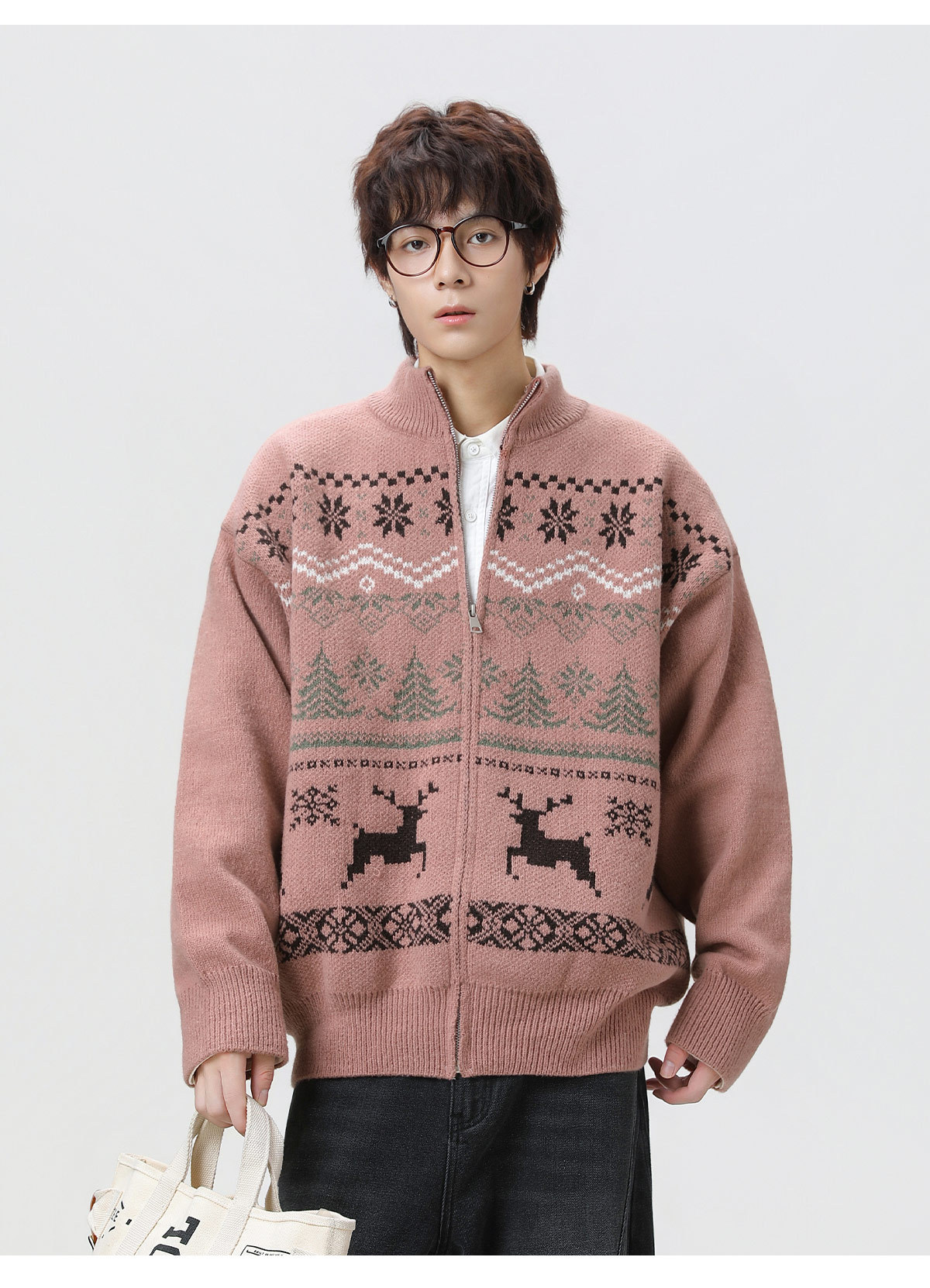 メンズ カーディガン  秋冬ジャカード編みフェアアイル柄カーディガン