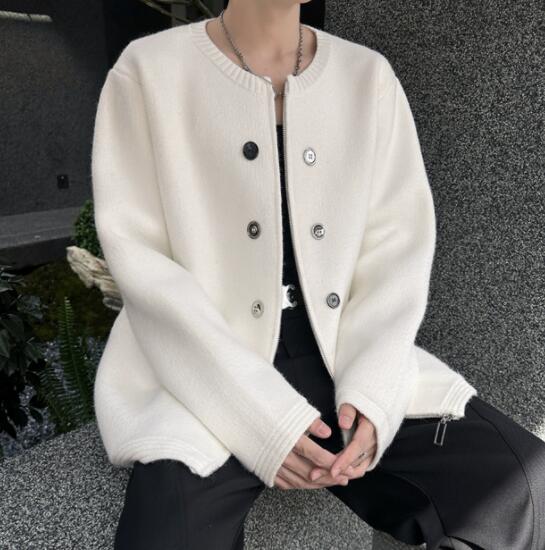 メンズ カーディガン  メンズ ニット カーディガン 襟なし ボタン付き 秋冬
