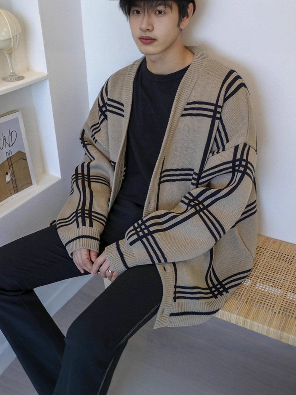 メンズ カーディガン  チェック柄ゆったりシルエット前開きニットカーディガン