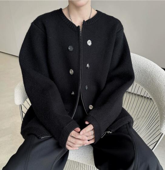 メンズ カーディガン  メンズ ニット カーディガン 襟なし ボタン付き 秋冬