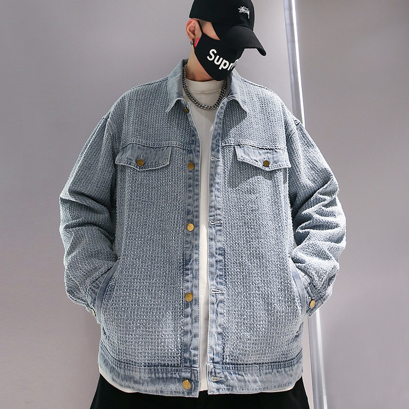 メンズ カーディガン  刺子調デニム生地襟付きワークジャケット