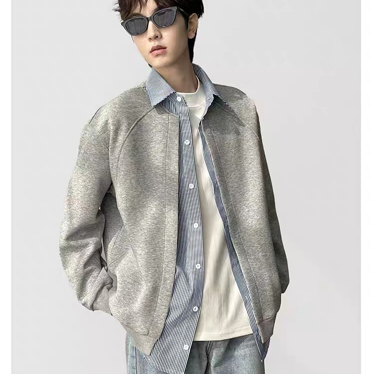 メンズ カーディガン  ストライプ切替ジップアップニットカーディガン