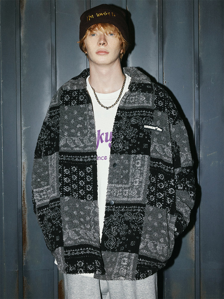 メンズ カーディガン  パッチワーク柄ボア素材襟付きジップアップ