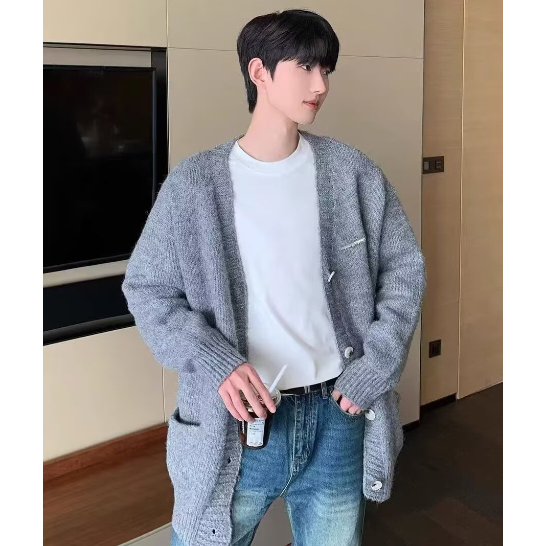 メンズ カーディガン  ゆったりシルエット ダメージ加工ニットカーディガン