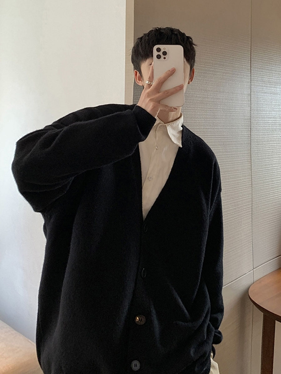 カーディガン メンズ シンプル深Vネックカーディガン