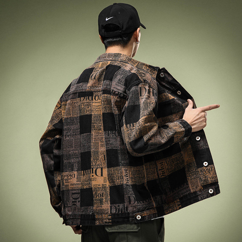 メンズ カーディガン  レトロ柄チェック襟付きボタン