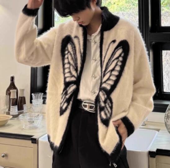 メンズ カーディガン  メンズ 蝶々柄ニットカーディガン 秋冬あったかセーター