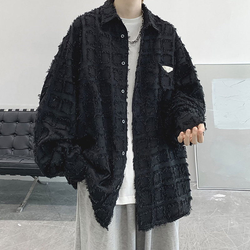 メンズ カーディガン  格子柄シャギーニット襟付き