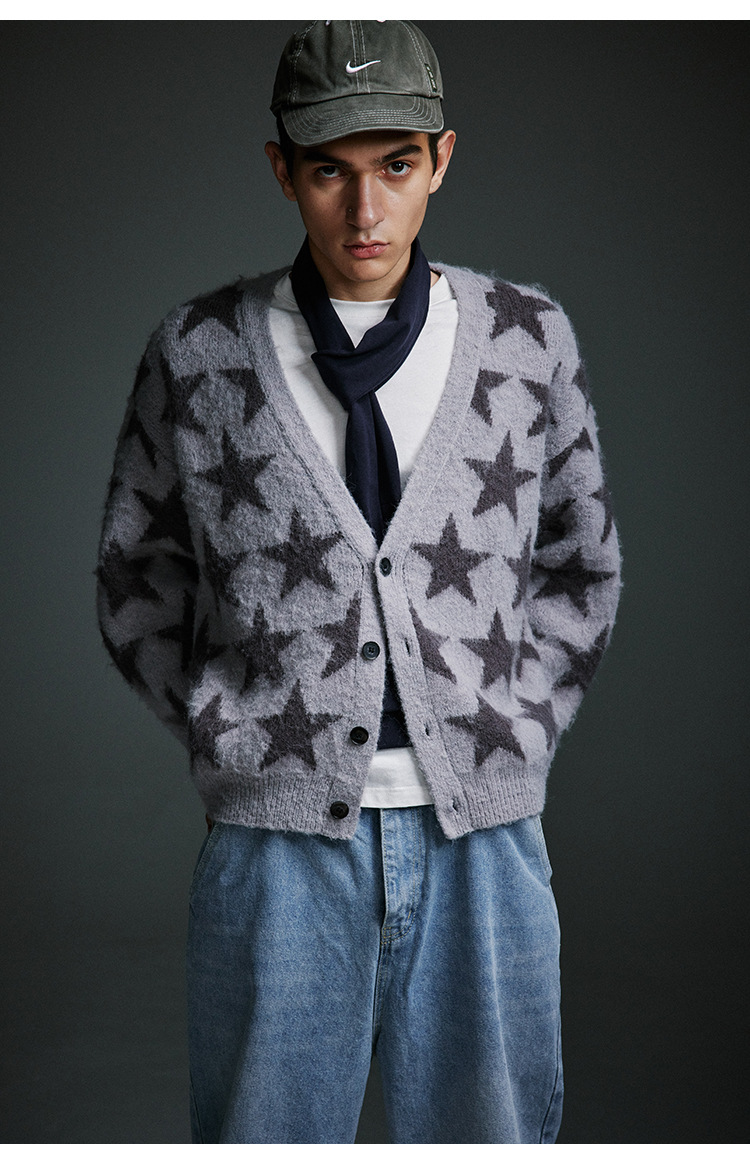 メンズ カーディガン  星柄ニットカーディガン メンズ 秋冬