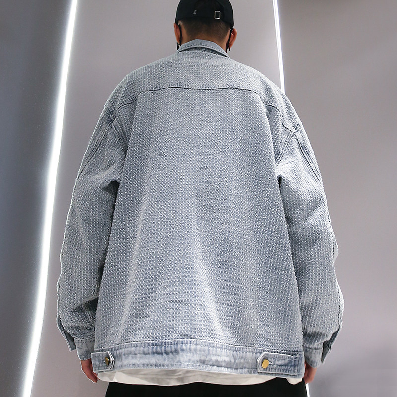 メンズ カーディガン  刺子調デニム生地襟付きワークジャケット