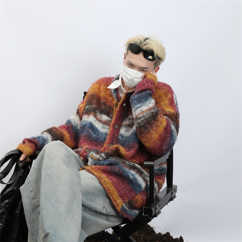 メンズ カーディガン  メンズ マルチボーダー ニットカーディガン