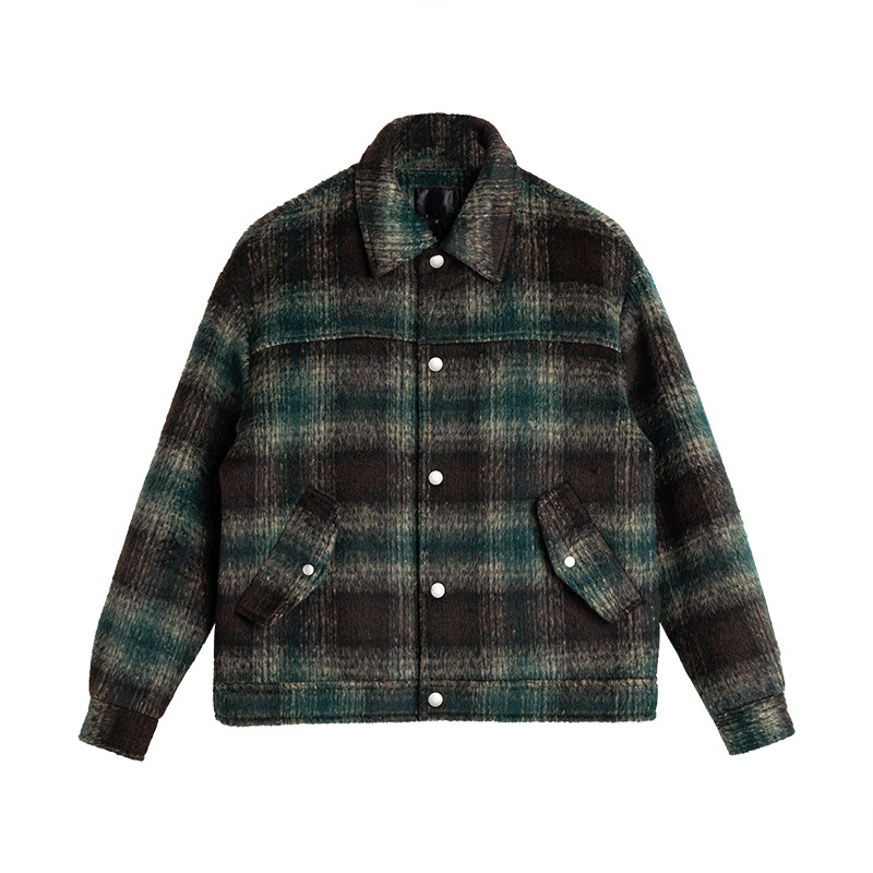 メンズ カーディガン  チェック柄ボタン留め襟付きウール