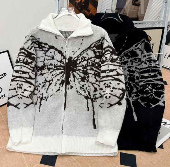 メンズ カーディガン  メンズ ニット カーディガン ジップアップ 蝶柄