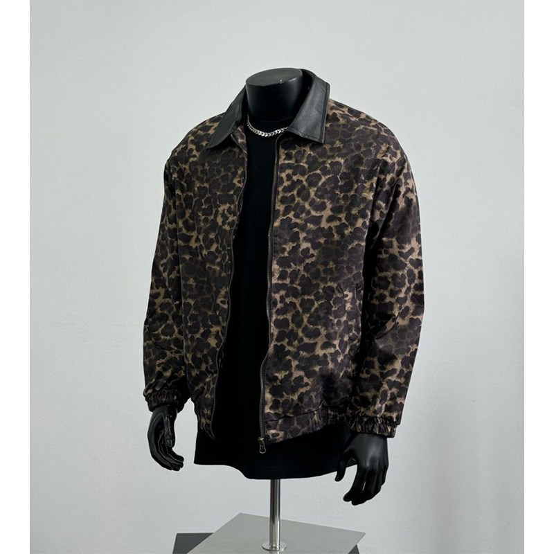 メンズ カーディガン  レオパード柄ジップアップ襟付きブルゾン