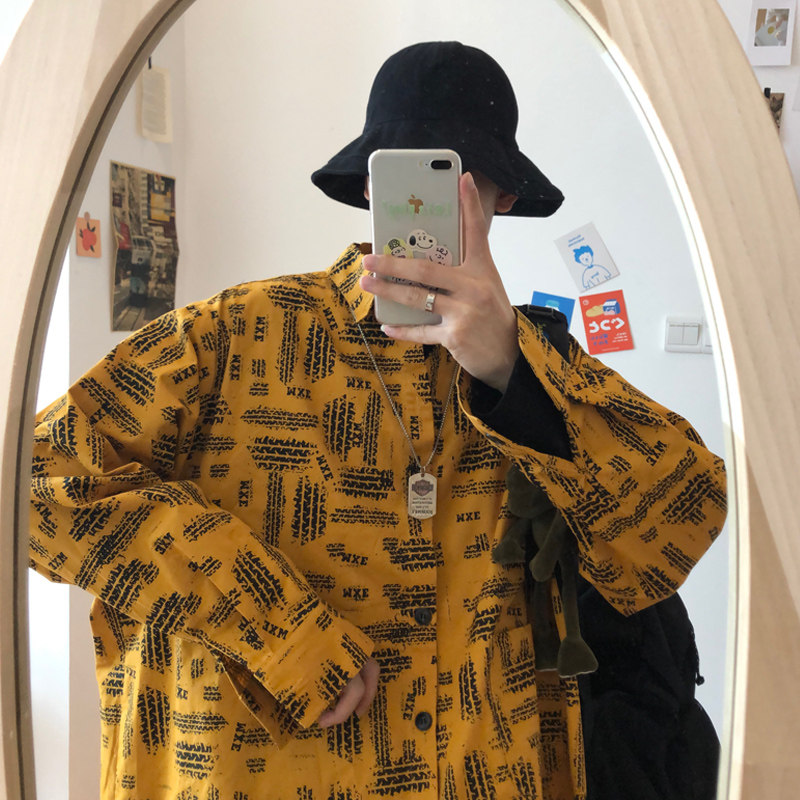 メンズ カーディガン  レトロ柄プリント襟付き長袖