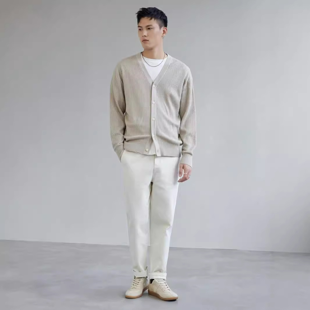 メンズ カーディガン  縦リブ編み長袖ボタン留めニットカーディガン