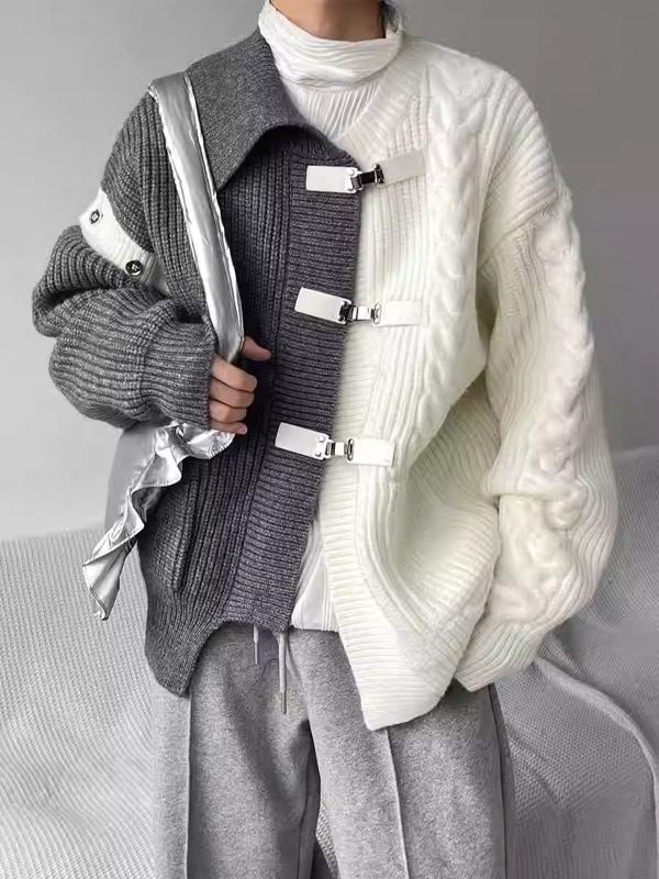 メンズ カーディガン  メンズ配色ニットカーディガン金具ボタン付き