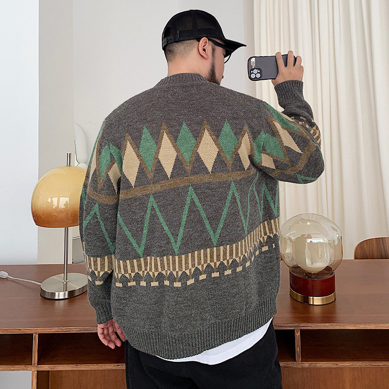 メンズ カーディガン  幾何学模様ジャガード編みボタン留めニット