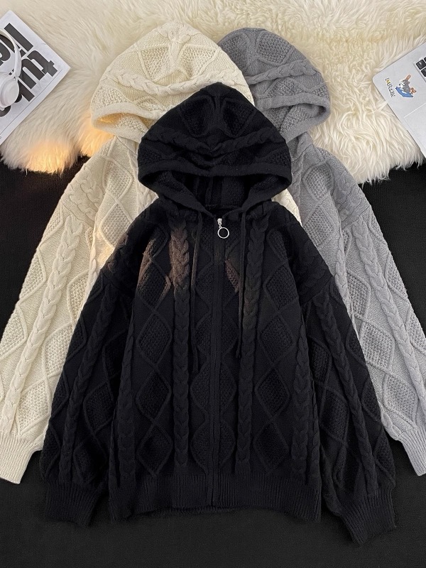 メンズ カーディガン  メンズ フード付きジップアップニットカーディガン