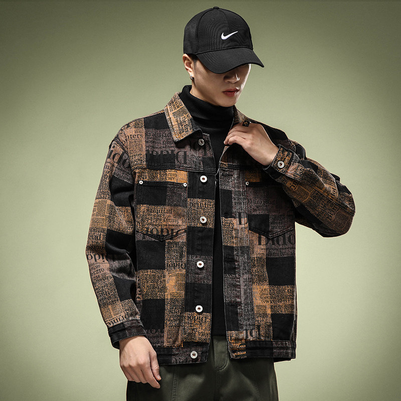 メンズ カーディガン  レトロ柄チェック襟付きボタン