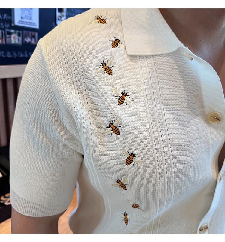 カーディガン メンズ 蜂模様刺繍入り半袖ニットカーディガン