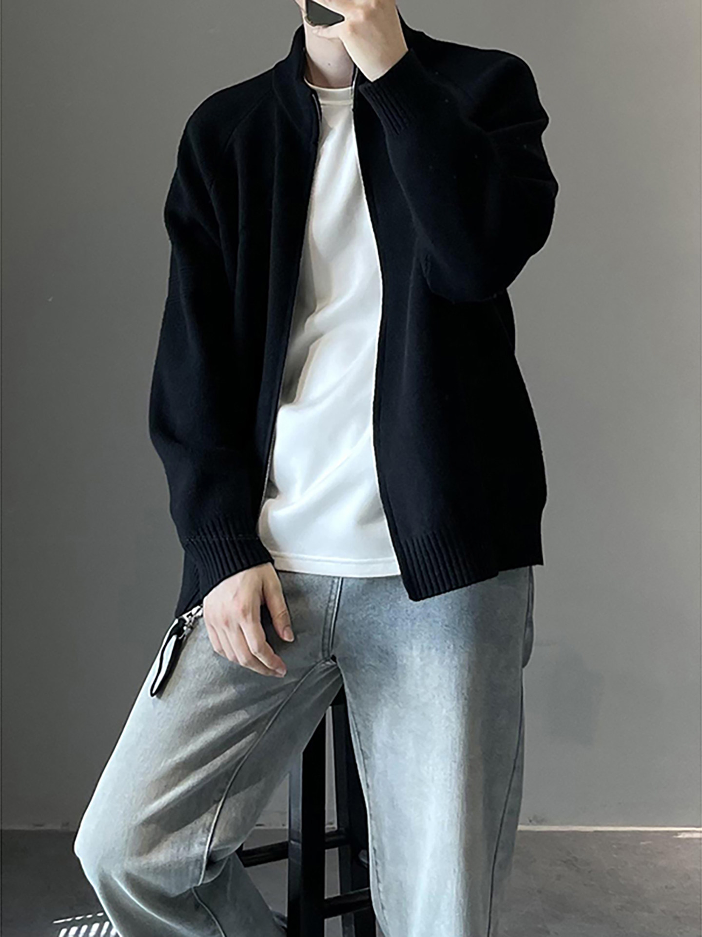 メンズ カーディガン  ニット素材ジップアップスタンドカラージャケット