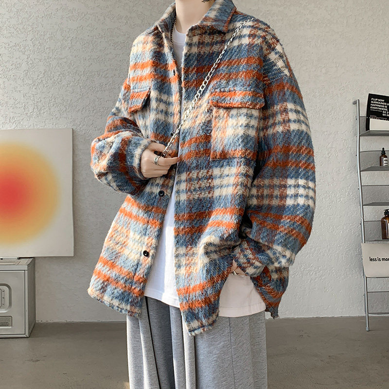 メンズ カーディガン  ゆったりシルエット厚手チェック柄襟付き