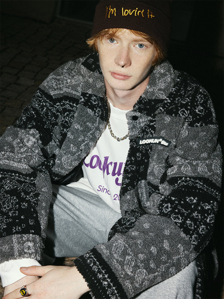 メンズ カーディガン  パッチワーク柄ボア素材襟付きジップアップ