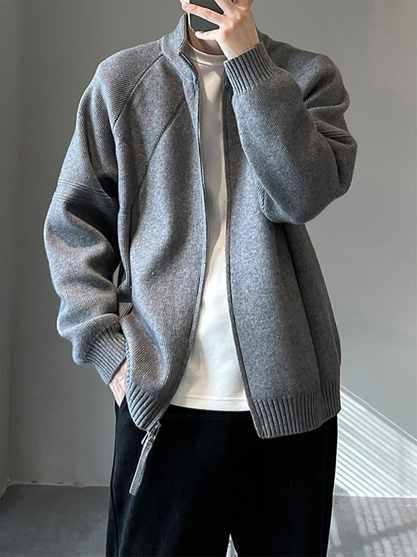 メンズ カーディガン  ニット素材ジップアップスタンドカラージャケット