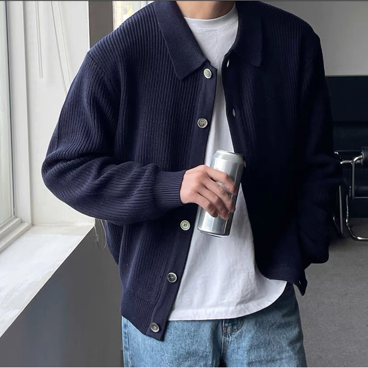 メンズ カーディガン  襟付きリブ編みボタンニット