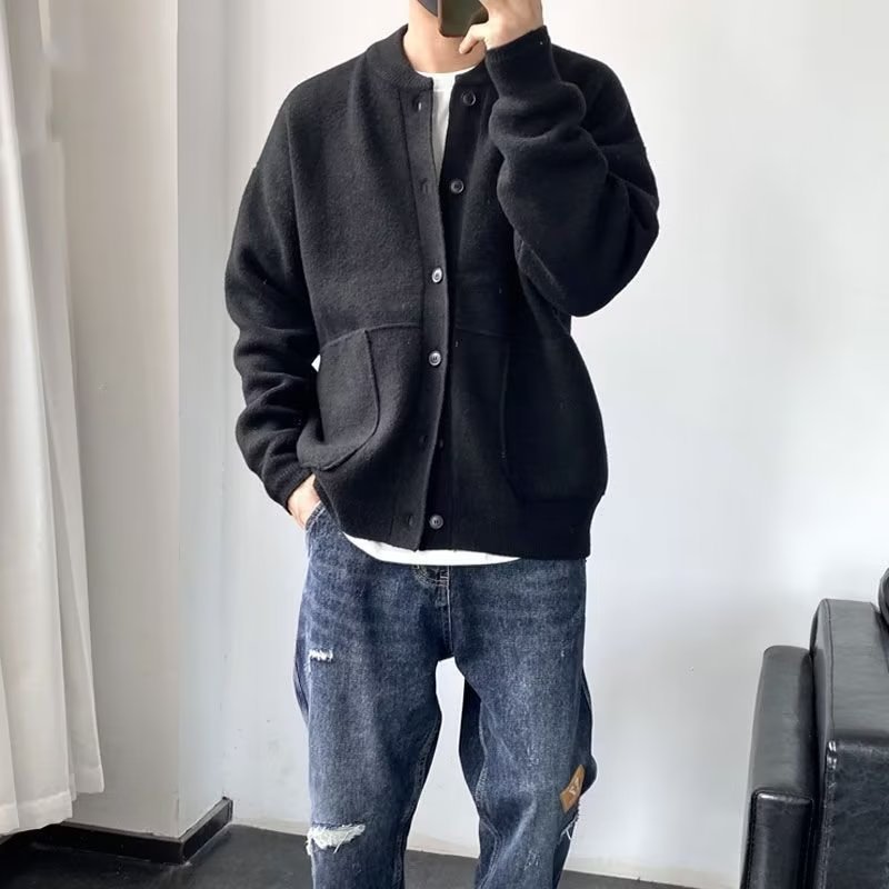 カーディガン メンズ スタンドカラーウール混カーディガン