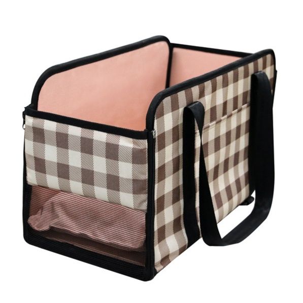 猫キャリーバッグ 通気性抜群のチェック柄折りたたみ式猫用お出かけバッグ