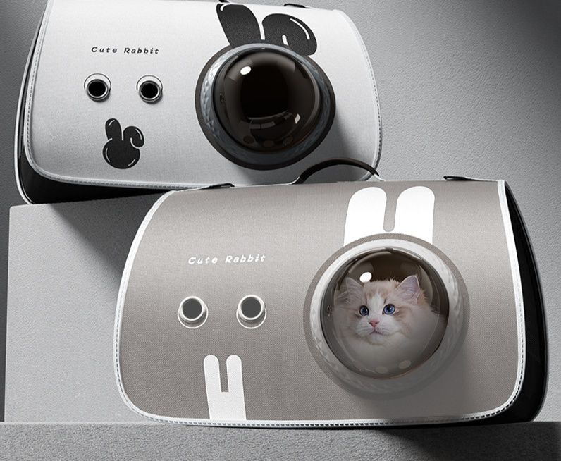 猫キャリーバッグ うさぎ耳付き透明窓丸型猫用持ち運びバッグ