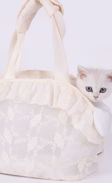 猫キャリーバッグ レース網目素材通気性抜群手提げ猫用鞄
